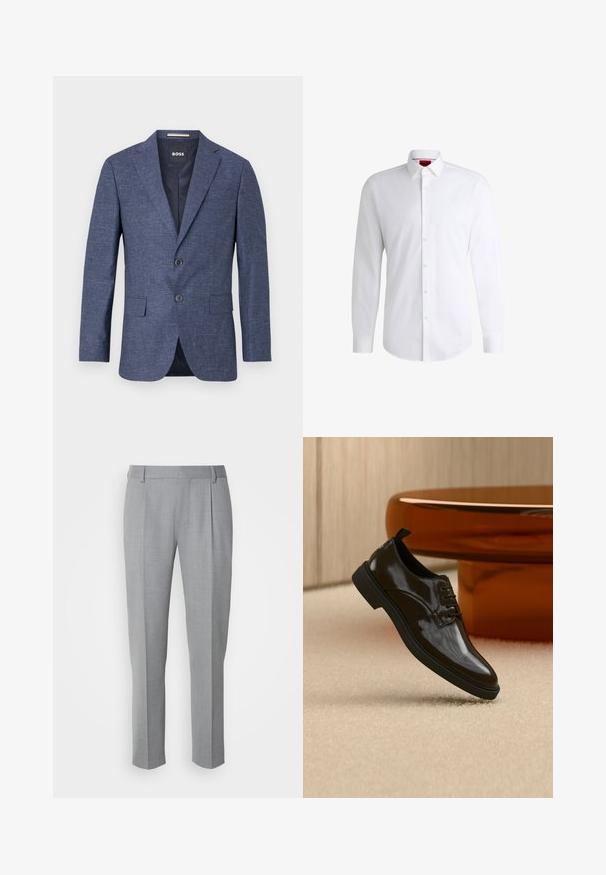 Herre mørkeblå tekstureret blazer med hak revers, to knapper, forlommer med klap og mærket inderlabel.; Hvid skjorte med knapper lavet af glat stof med klassisk krave, lange ærmer og rundet kant. Har beige knapper foran.; Grå skræddersyede bukser med en glat tekstur, som har en flad front, lige ben og diskrete folder for ekstra detalje.; Sort skinnende læder snøresko flydende over et beige tæppe med et blankt brunt rundt bord i baggrunden.
