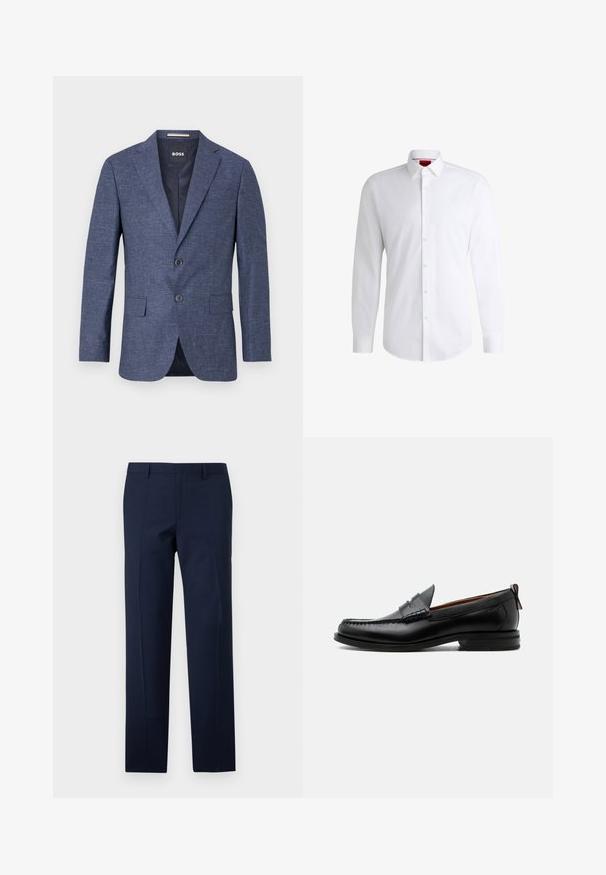 Blazer texturé bleu foncé pour homme avec revers crantés, deux boutons, poches avant à rabat et étiquette intérieure de marque.; Chemise blanche à manches longues en tissu lisse avec un col classique et un ourlet arrondi. Présente des boutons beiges à l'avant.; Pantalons bleu marine à coupe ajustée, présentant une texture lisse, des plis marqués et un design à plat. Fermeture zippée dissimulée.; Mocassin homme en cuir noir avec couture moc toe, bride penny, col texturé et petit talon empilé sur fond blanc.