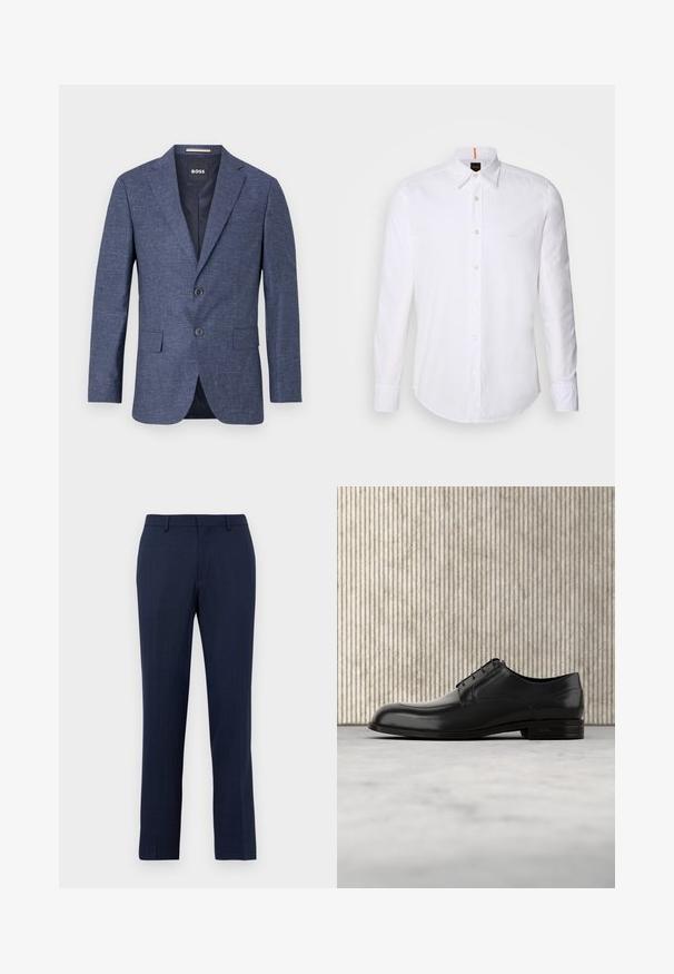 Dunkelblauer, strukturierter Herrenblazer mit Kerbkragen, zwei Knöpfen, vorn mit Pattentaschen und gebrandetem Innenetikett.; Weiße langärmlige Button-Down-Hemd aus Baumwolle, mit klassischem Kragen, subtiler Logo-Detailierung auf der Brust und weißen Knöpfen.; Marineblaue maßgeschneiderte Hose mit Gürtelschlaufen, Reißverschluss vorne und geradem Bein, vor einem schlichten weißen Hintergrund.; Schwarze Leder-Dressschuhe mit einer runden Zehenpartie, glatter Oberfläche, minimalen Nähten und flacher Sohle mit dezentem Branding an der Ferse.