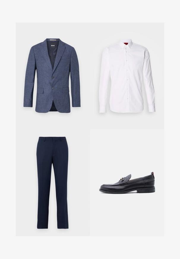 Herre mørkeblå tekstureret blazer med hak revers, to knapper, forlommer med klap og mærket inderlabel.; Hvid skjorte med lange ærmer, knap-front og klassisk krave, fremstillet i en blød bomulds kvalitet.; Mørkeblå skræddersyede bukser med bæltesløjfer, lynlås foran og lige benpasform mod en ensfarvet hvid baggrund.; Sort lædermokasin med grå tekstureret forfod, sølvfarvet metalspænde, lav hæl og trækflap bagpå.
