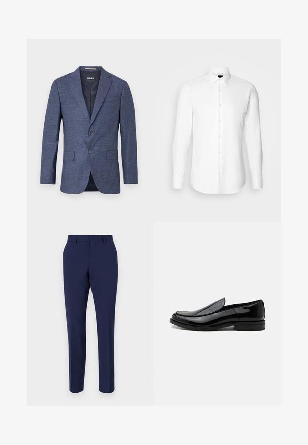 Blazer texturé bleu foncé pour homme avec revers crantés, deux boutons, poches avant à rabat et étiquette intérieure de marque.; Chemise blanche à manches longues, boutonnée sur le devant, col classique, fabriquée en tissu lisse avec une texture subtile, conçue pour une coupe ajustée.; Pantalons ajustés bleu marine en tissu lisse, dotés d'une coupe slim, d'un devant plat et d'une taille standard avec passants de ceinture.; Chaussure de ville noire en cuir brillant à enfiler, avec talon bas et bout arrondi, vue de côté sur fond blanc uni.