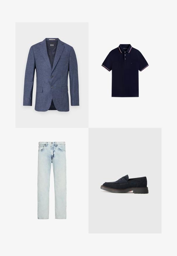 Donkerblauw gestructureerd herenblazer met inkeping revers, twee knopen, voorvakken met klep en merk-label aan de binnenkant.; Marineblauwe poloshirt met korte mouwen, drieknopenplacket en witte, rode en marineblauwe gestreepte afwerking op de kraag en mouwen.; Lichtblauwe high-rise jeans met rechte pijpen, subtiel vervaagd en een vooraan knoop- en ritsluiting.; Navyblauwe suede instappers met een ronde neus, decoratieve stiksel en een rubberen zool met een lichte verhoging. Duurzaam materiaal en ontwerp.