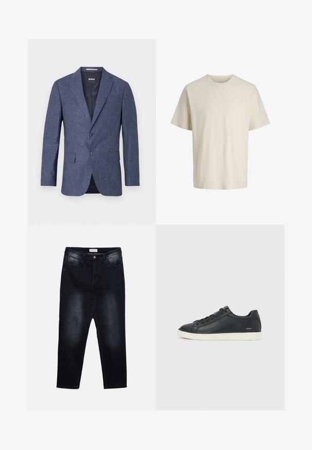 Herre mørkeblå tekstureret blazer med hak revers, to knapper, forlommer med klap og mærket inderlabel.; Beige t-shirt med korte ærmer og rund halsudskæring med præget teksten "ORIGINALS" centreret på brystet, ensfarvet baggrund.; Mørkeblå straight-leg jeans med knap og lynlås foran samt fem-lomme design, lagt fladt på en hvid baggrund.; Sort lav sneakers i læder med sorte snørebånd, hvid sål og gylden "GEOX"-branding på siden og hælflappen, vist fra ydersiden.