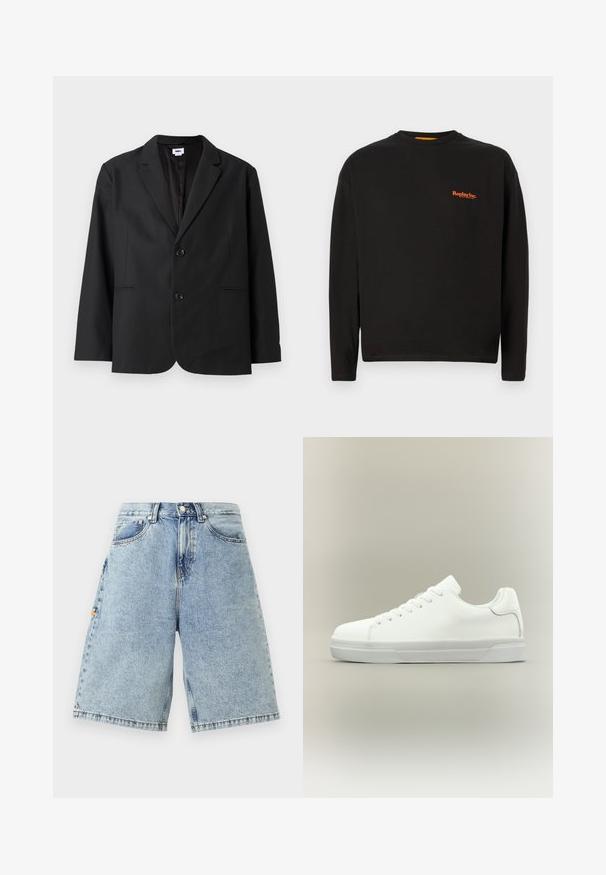 Sort blazer med skræddersyet pasform, to frontknapper, spidse revers og sidelommer. Lavet af tekstureret stof, med ensfarvet design.; Sort langærmet t-shirt lavet af bomuld, der har et lille orange "Replay Inc." logo på brystet, med rund halsudskæring og almindelig pasform.; Blå denim shorts med høj talje, løs pasform, fem lommer og synlige sy-detaljer. Glat tekstur med en lys vaskefinish.; Hvid lavtop sneaker med snørelukning foran, polstret krave og tekstureret gummisål, vist i sidelayout på neutral baggrund.