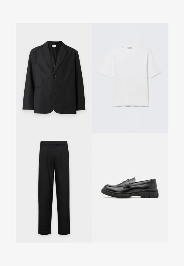 Zwarte blazer met een getailleerde pasvorm, twee voorknopen, geknipte revers en zijzakken. Gemaakt van gestructureerde stof met een effen kleurdesign.; Effen witte T-shirt met korte mouwen en ronde hals, met een klein "WEEKDAY" label aan de binnenkant van de achterkraag, weergegeven op een vlakke ondergrond.; Zwarte broeken van gladde stof, met een recht model, twee voorknikken en een standaard tailleband met riemlussen.; Zwarte leren instapper met een brede band over de voet, rubberen zool met dikke noppen en een gladde textuur. Klassiek, strak ontwerp.