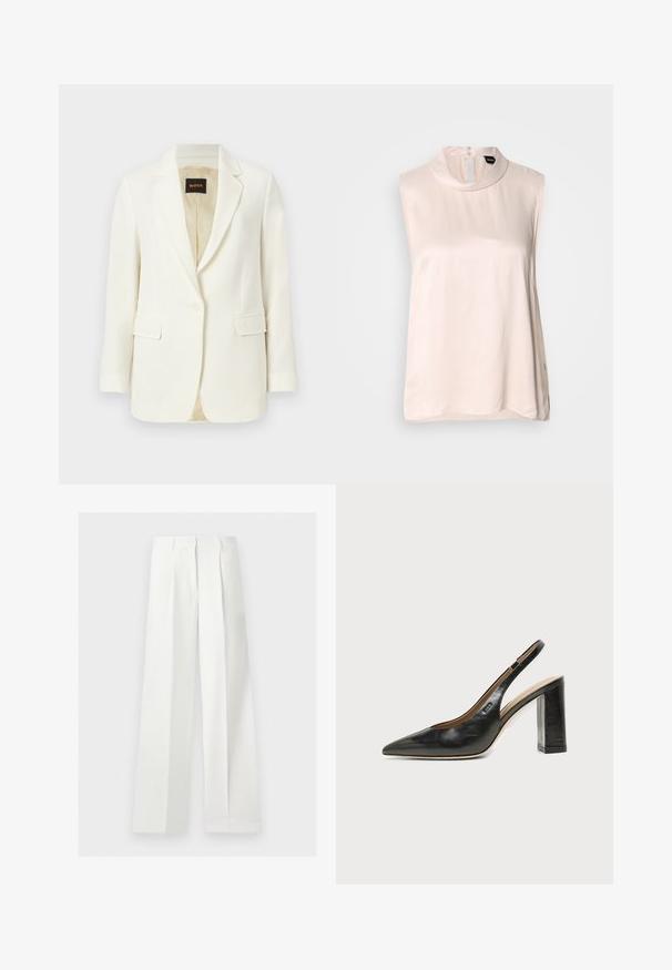 Veste blazer blanche cintrée à un bouton, avec revers crantés, poches à rabat et doublure intérieure beige, marquée du label BOSS à l'intérieur du col.; Blouse sans manches rose pâle avec un col haut, confectionnée dans un tissu lisse et brillant. Elle présente une fermeture à boutons dans le dos et un ourlet arrondi.; Pantalon blanc taille haute à jambes larges, confectionné, avec plis devant et fermeture éclair cachée.; Chaussure slingback en cuir noir à bout pointu avec un talon bloc haut et une doublure intérieure beige sur un fond clair uni.