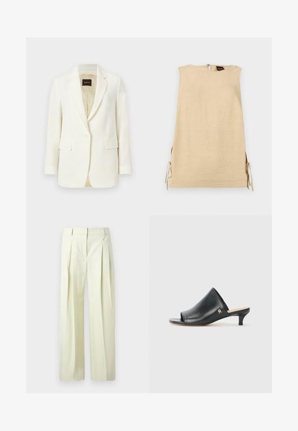 Veste blazer blanche cintrée à un bouton, avec revers crantés, poches à rabat et doublure intérieure beige, marquée du label BOSS à l'intérieur du col.; Robe beige sans manches avec fentes latérales nouées par des nœuds, col montant et fermeture éclair au dos avec étiquette de la marque Boss visible.; Pantalon ample couleur crème avec fines rayures verticales, plis à l'avant, poches latérales, et passants pour ceinture.; Mules ouverts en cuir noir avec un talon bas. Présentent une surface lisse et un accent logo doré sur le côté.
