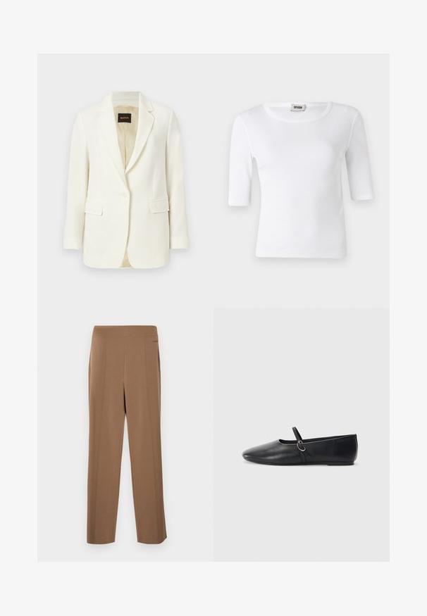 Veste blazer blanche cintrée à un bouton, avec revers crantés, poches à rabat et doublure intérieure beige, marquée du label BOSS à l'intérieur du col.; T-shirt blanc à côtes avec un col rond et des manches mi-longues. Fabriqué en matériau doux avec une texture lisse. Étiquette visible au niveau du col.; Pantalon marron ajusté avec une texture lisse, doté d'une taille haute, de jambes droites et de coutures frontales discrètes pour plus de détails.; Ballerines noires en cuir avec un bout pointu, une semelle plate et une petite sangle avec un détail de boucle en argent.