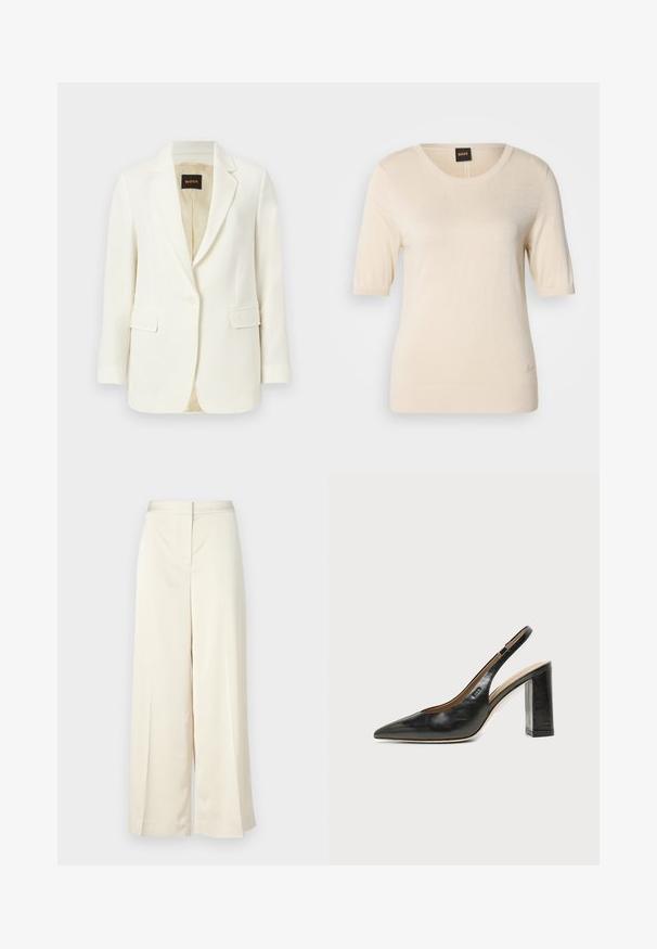 Veste blazer blanche cintrée à un bouton, avec revers crantés, poches à rabat et doublure intérieure beige, marquée du label BOSS à l'intérieur du col.; Pull crème à manches courtes en tissu maille léger, avec un col rond et un ourlet côtelé. Détail discret du logo en bas.; Pantalons à jambes larges en crème, fabriqués dans un tissu lisse. Caractéristiques d'une taille plate à l'avant, de plis le long des jambes et d'une coupe décontractée tout au long.; Chaussure slingback en cuir noir à bout pointu avec un talon bloc haut et une doublure intérieure beige sur un fond clair uni.