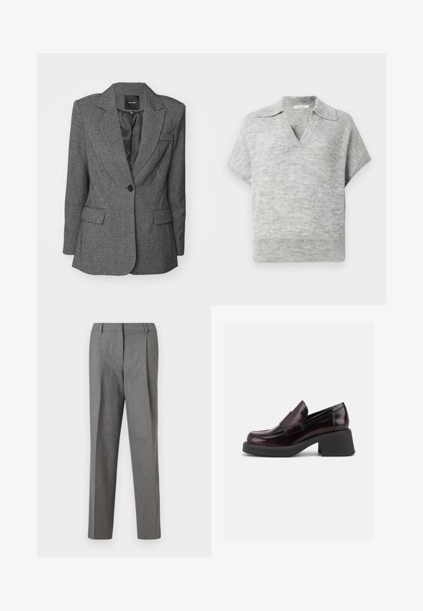 Grau blazer aus einem strukturierten Stoff, mit einem Reverskragen, einem einzelnen Knopfverschluss und zwei Fronttaschen. Gefüttertes Innenleben sichtbar.; Hellgrauer gestrickter kurzärmeliger Sweater-Hemd mit umgeschlagenem Kragen und V-Ausschnitt, mit geripptem Saum und weicher Textur.; Graue maßgeschneiderte Hosen aus einem strukturierten Stoff, mit einem geraden Beinschnitt, Falten an der Vorderseite und einem Bund ohne sichtbare Hardware.; Dunkelbrauner Lederloafer mit klobigem schwarzen Blockabsatz und einem breiten Riemen vorne, seitlich auf weißem Hintergrund gezeigt.
