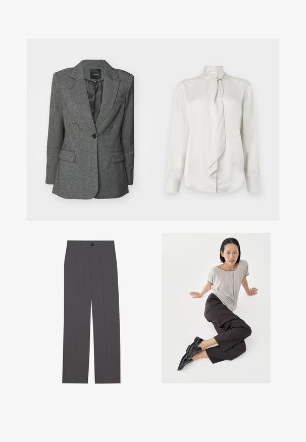 Sivý blazer vyrobený z textúrovaného materiálu, s klopovým golierom, jedným gombíkom na zapínanie a dvoma prednými vreckami. Viditeľná podšívka.; Biela blúzka s dlhým rukávom a vysokým golierom, s prednou viazanou šatkou, vyrobená z hladkej saténovej látky.; Sivé nohavice so striha priamo, s dvoma bočnými vreckami a gombíkovým zapínaním. Hladká tkanina bez viditeľných vzorov alebo akcentov.; Svetlosivý top s krátkym rukávom, tmavé široké nohavice a čierne mokasíny. Hladká tkanina, voľný strih a kontrastné lemovanie na košeli.