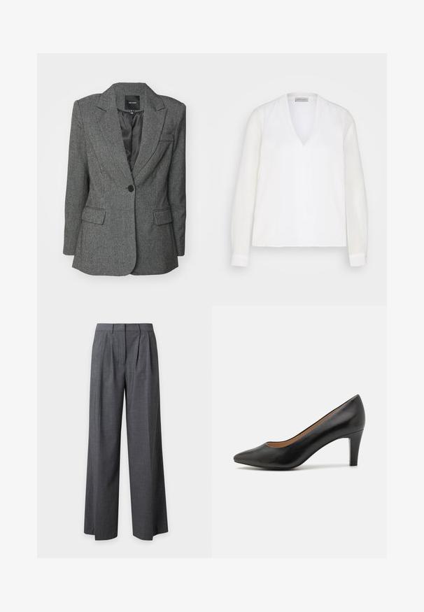 Grau blazer aus einem strukturierten Stoff, mit einem Reverskragen, einem einzelnen Knopfverschluss und zwei Fronttaschen. Gefüttertes Innenleben sichtbar.; Weiße Bluse mit langen Ärmeln und V-Ausschnitt, mit einer glatten Textur und subtilen Nahtdetails vorne, gestaltet für einen lockeren Sitz.; Dunkelgraue weit geschnittene Hose mit vorderen Falten, Gürtelschlaufen und verdecktem Frontverschluss, vor einem schlichten hellen Hintergrund präsentiert.; Schwarze Leder-Pumps mit hohen Absätzen, spitzem Zehenbereich, schlankem Design, moderatem Absatz und glatter Textur. Das Innere verfügt über eine braune Fütterung.