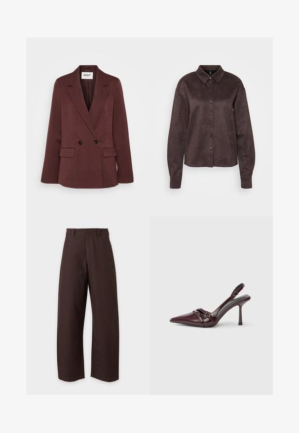 Bordeaux dobbeltbrystet blazer lavet af et struktureret stof med sorte knapper, der har to forreste lommer og en defineret krave.; ONLY Tall ONLRINEA BUTTON SHIRT - Skjortebluser - chocolate torte; Brune bukser med lige ben, bæltestropper og frontlynlås, vist mod en ensfarvet hvid baggrund.; Bourgogne laklæder slingback-hæl med spids tå, tynd ankelrem og lille dekorativ spænde. Glat tekstur og høj hæl.