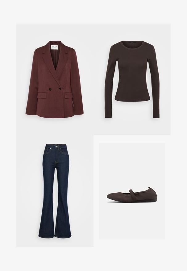 Bordeaux dobbeltbrystet blazer lavet af et struktureret stof med sorte knapper, der har to forreste lommer og en defineret krave.; Langærmet brun t-shirt lavet af ribbet stof, med en rund halsudskæring og en tætsiddende silhuet.; Mørkeblå højtaljede denimjeans med vippede ben, for- og baglommer, sølvfarvet knaplukning og orange syninger.; Brun balletsko med elastisk rem og rundet tå, vist mod en hvid baggrund, sideudsigt.