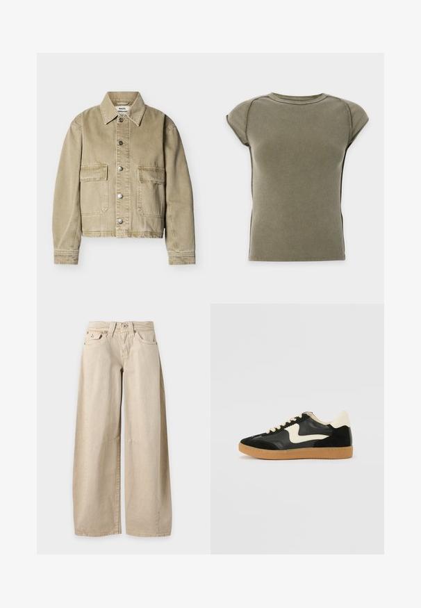Veste en denim beige à manches longues, deux poches à rabat à l'avant, boutons-pression en métal et col classique, posée à plat sur un fond blanc.; Haut côtelé vert olive à manches courtes avec col rond et épaules légèrement structurées sur un fond clair uni.; Jean beige à jambes larges avec cinq poches et coutures visibles aux genoux, présenté à plat sur un fond uni gris clair.; Baskets en daim et cuir noir avec un swoosh latéral crème et un talon crème clair. Dotées de lacets beige et d'une semelle en caoutchouc gomme.