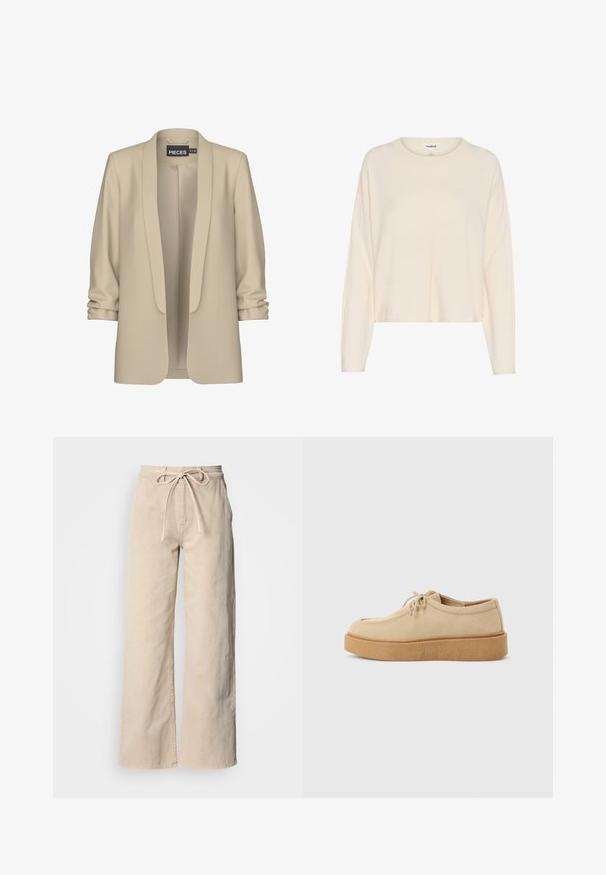 Beige blazer met een sjawl kraag en een open voorkant. Zachte, gladde textuur; 3/4 mouwen met een gathered detail. Geen sluitingen.; Crème lange mouw gebreide top met een relaxte pasvorm, ronde halslijn en verlaagde schouders. Zachte textuur met een subtiele naaddetail aan de voorkant.; Beige wijde broekspijpen gemaakt van katoen, met een taillekoord, een gladde textuur en eenvoudige stikdetails.; Beige suède veter schoen met dikke crepezool, lage hak en afgeronde neus, zijaanzicht tegen een neutrale achtergrond.