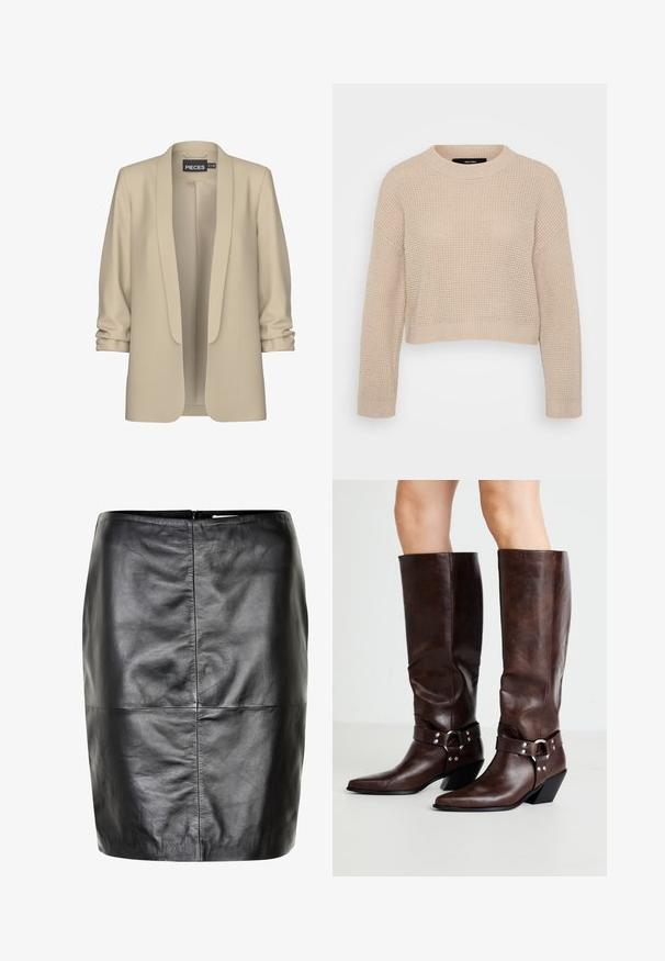 Beige blazer med sjalskrave og åben front. Blød, glat tekstur; 3/4 længde ærmer med en samlede detalje. Ingen lukninger.; Beige striktrøje med rund halsudskæring, drop shoulder-design og ribbede kanter. Struktureret stof og cropped længde.; Sort læder blyantskørt med en glat tekstur, knælangt, med en centreret bagsøm og en diskret lynlås lukning i taljen.; RAID NEVIS - Cowboy- / bikerstøvler - brown