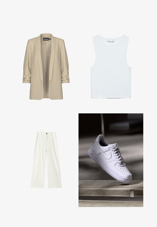 Beige blazer met een sjawl kraag en een open voorkant. Zachte, gladde textuur; 3/4 mouwen met een gathered detail. Geen sluitingen.; Witte mouwloze crop top met ronde hals, gemaakt van gladde stof, met Pull&Bear-label, geschikt voor casual wear.; Witte, wijde broek met hoge taille, voorplooien, tailleband met riemlussen en een zwarte knoopsluiting.; Witte Nike Air Force 1 sneaker die zweeft boven een betonnen oppervlak met schaduwen in een minimalistische setting.