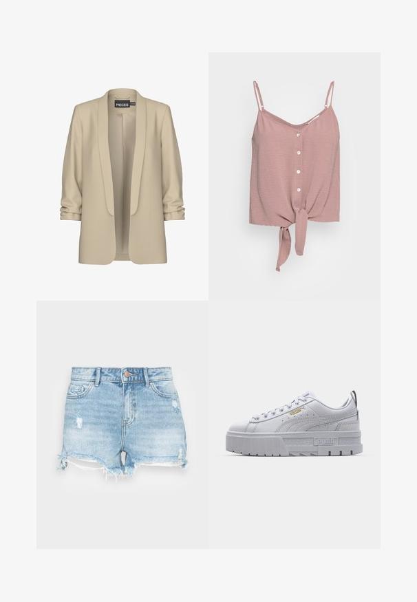 Beige Blazer mit Schalkragen und offener Vorderseite. Weiche, glatte Textur; 3/4-lange Ärmel mit Raffung. Keine Verschlüsse.; Staubrosa ärmellose Bluse mit V-Ausschnitt, Knopfleiste und geknotetem Saum. Hergestellt aus strukturiertem Stoff mit verstellbaren Spaghettiträgern.; Denim-Shorts in Hellblau mit einem verwaschenen Finish, fransigem Saum und klassischem Fünf-Taschen-Design. Mit einem Metallknopfverschluss.; Weiße Plattform-Sneaker mit einem glatten Lederoberteil, gepolstertem Kragen, grauer Gummisohle und goldenen Akzenten mit dem Puma-Logo.