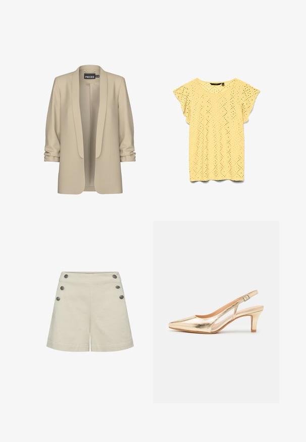 Blazer beige con cuello de chal y parte delantera abierta. Textura suave y lisa; mangas 3/4 con un detalle fruncido. Sin cierres.; Blusa de manga corta color amarillo claro con patrón de rombos troquelados y mangas con volantes, escote redondo y tela ligera.; Pantalones cortos beige de talle alto con seis botones metálicos, tres a cada lado, y un dobladillo recto.; Zapato de tacón dorado metálico con correa trasera, puntera puntiaguda, tacón bajo de bloque y correa ajustable en el tobillo. Textura lisa con detalles mínimos de diseño.