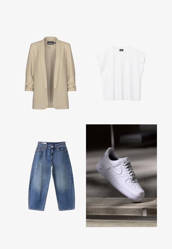 Blazer beige avec un col châle et une ouverture à l'avant. Texture douce et lisse ; manches 3/4 avec un détail froncé. Sans fermetures.; Haut court blanc sans manches à encolure ronde avec épaules larges et étiquette noire "B6" à l'intérieur du col.; Jean en denim bleu avec une coupe décontractée, bouton et fermeture éclair à l'avant, poches avant et arrière, et détails de lavage délavé.; Baskets Nike Air Force 1 blanches lévitant au-dessus d'une surface en béton avec des ombres dans un cadre minimaliste.