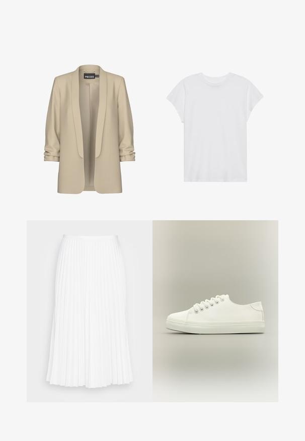 Beige blazer med sjalskrave og åben front. Blød, glat tekstur; 3/4 længde ærmer med en samlede detalje. Ingen lukninger.; Hvid kortærmet t-shirt med rund hals, afslappet pasform, lavet af blødt bomuldsstof. Glat tekstur, ingen mønstre eller logoer.; Hvid plisseret nederdel med et mellemlangt design. Lavet af et glat stof, med skarpe, jævnt placerede folder. Elastisk talje.; Hvid lavtop sneaker med hvide snørebånd og gummisål vist fra siden på en neutral baggrund.