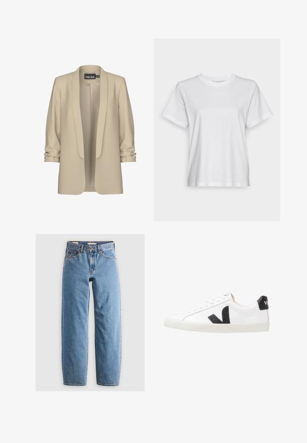 Beige blazer med sjalskrave og åben front. Blød, glat tekstur; 3/4 længde ærmer med en samlede detalje. Ingen lukninger.; Hvid bomulds T-shirt med korte ærmer, rund hals og en afslappet pasform. Glat tekstur, uden mønstre eller grafik, enkel design.; Lysblå denim jeans med lige ben-design, fem lommer, lynlås og en subtil falmet tekstur. Klassisk stil med minimal hardware.; Hvide sneakers med et sort V-logo, der har en glat læderoverdel, rund tå, snørrelukning og en kontrasterende sort hælflap.