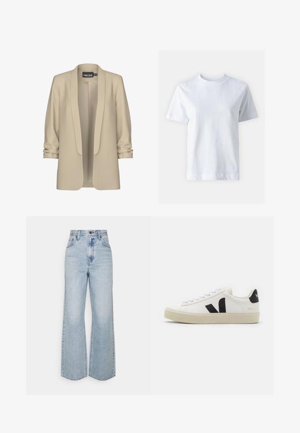 Beige blazer med sjalskrave og åben front. Blød, glat tekstur; 3/4 længde ærmer med en samlede detalje. Ingen lukninger.; Hvid bomulds t-shirt med rund halsudskæring, korte ærmer, lige snit og glat tekstur. Ingen mønstre eller dekorationer.; Lysblå denim brede ben jeans med høj talje, klassisk fem-lomme design og kontrasterende syninger. Uslebne kanter i bunden.; Hvide lædersneakers med sort gummiv V-logo. Tekstureret off-white sål, hvide snørebånd og bagside med brandnavn i sort.
