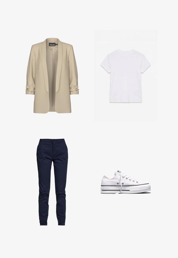 Beige Blazer mit Schalkragen und offener Vorderseite. Weiche, glatte Textur; 3/4-lange Ärmel mit Raffung. Keine Verschlüsse.; Schlichtes weißes kurzärmliges Baumwoll-T-Shirt mit Rundhalsausschnitt, flach auf einem weißen Hintergrund liegend.; Marineblaue Chinos aus Baumwolle, mit slim fit, Fronttaschen und einem einzigen Knopfverschluss an der Taille. Glatte Textur.; Weißer Canvas-Sneaker in niedriger Ausführung mit weißen Schnürsenkeln, schwarzen Streifen an der Sohle und gummiertem, strukturiertem Zehenschutz, Seitenansicht vor weißem Hintergrund.
