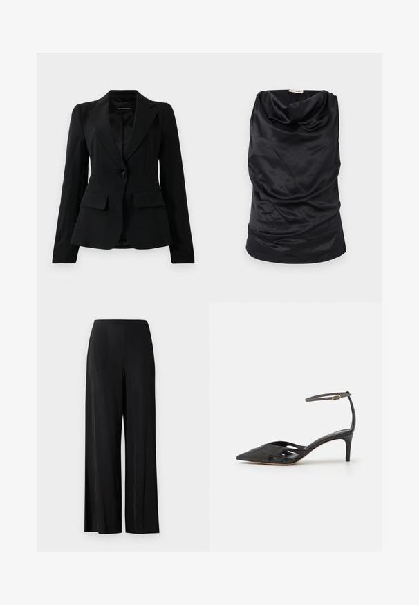 Sort skræddersyet blazer med klapkrave, enkelt sort knaplukning og to frontlomme med klap, præsenteret mod en ensfarvet hvid baggrund.; Sort top med cowl-krave lavet af glat stof, med draperet design, blød tekstur og tætsiddende silhuet. Sømfri finish langs kanten.; Sorte, brede bukser lavet af glat stof, med en høj talje og uden synlige lommer eller hardware. Gulvlængde design.; Sort læder højhælet sko med spids tå, åbne sider og en tynd ankelrem med en lille guld detalje.