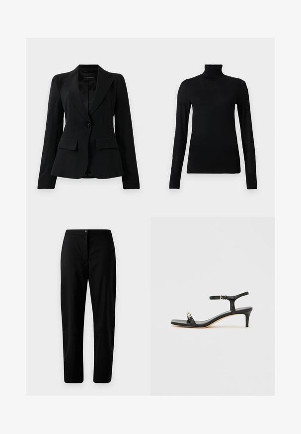 Zwarte op maat gemaakte blazer met notch lapels, enkele zwarte knoopsluiting en twee voorste klepzakken, weergegeven tegen een effen witte achtergrond.; Zwarte coltrui van zacht, lichtgewicht materiaal. Voorzien van lange mouwen en een aansluitend ontwerp met een hoge kraag.; Zwarte rechte broek met knoop- en ritsluiting, gladde stof en minimale details tegen een effen lichte achtergrond.; Zwarte leren sandaal met hak, enkelbandje, open neus, vierkante voorkant en zilverkleurige accenten. Gesloten ontwerp met een slank profiel.