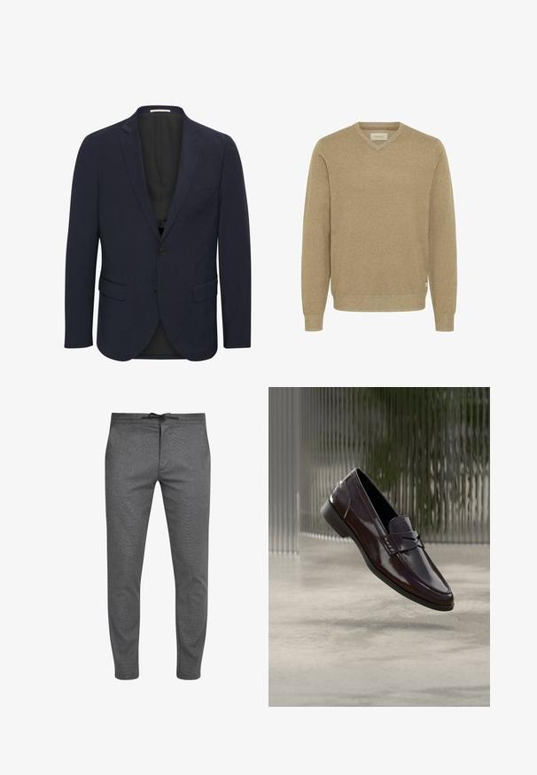 Marineblauer Blazer aus glattem Material, mit einem Reverskragen, zwei vorderen Taschen, einem Ein-Knopf-Verschluss und einem schwarzen Innenfutter.; Beige V-Ausschnitt-Pullover aus gestricktem Material, mit langen Ärmeln, gerippten Bündchen und einer soliden Textur. Dezentes Markenetikett am Saum.; Grau gemusterte Hose aus strukturiertem Stoff, mit elastischem Bund, Kordelzug und schmal zulaufenden Beinen.; Braune Leder-Loafer mit glänzendem Finish, die eine erhabene Naht und ein kleines ausgestanztes Detail an der Vorderseite aufweisen, sowie eine flache schwarze Sohle.