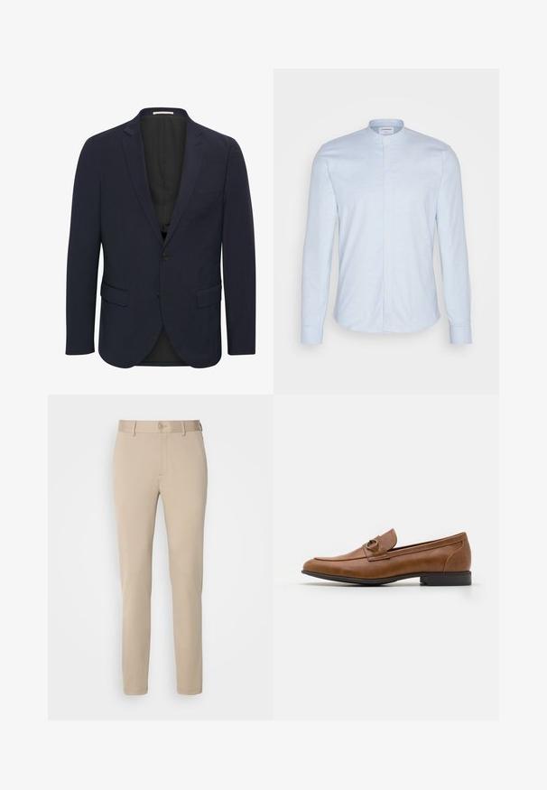 Blazer azul marino hecho de una tela suave, con cuello con muescas, dos bolsillos frontales, cierre de un solo botón y un forro interior negro.; Camisa de manga larga azul claro con cuello mao, que cuenta con cierre de botones y una suave tela texturizada. Corte entallado con dobladillo redondeado.; Pantalones beige de tejido suave, con cierre de botón, corte recto y detalles de dobladillo cosidos. Diseño simple sin patrones.; Mocasines de cuero marrón con tacón plano, que cuentan con un acento metálico decorativo en la parte delantera, diseño elegante y textura suave.