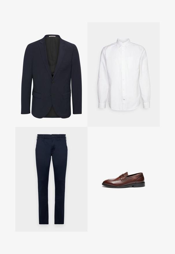Marineblauer Blazer aus glattem Material, mit einem Reverskragen, zwei vorderen Taschen, einem Ein-Knopf-Verschluss und einem schwarzen Innenfutter.; GAP STANDARD OXFORD - Hemd - white; Marineblaue Baumwollhose mit geradem Bein, standardmäßiger Taille und fünf Taschen. Glatte Textur mit minimalen Nähdetails.; Braune Lederloafer mit glatter Oberfläche, abgerundeter Spitze, dekorativem Riemen und schwarzer Gummisohle. Merkmale sind minimale Nähte.