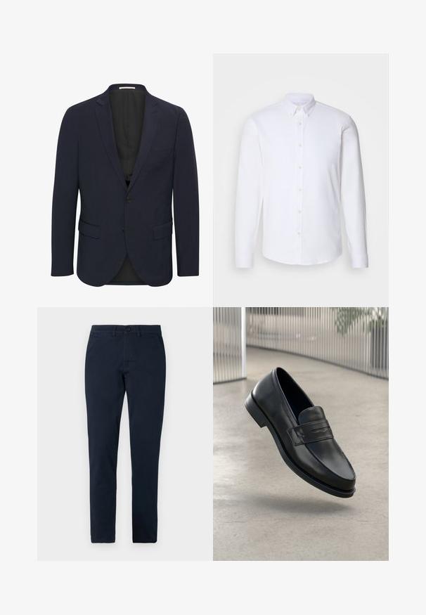 Marineblauer Blazer aus glattem Material, mit einem Reverskragen, zwei vorderen Taschen, einem Ein-Knopf-Verschluss und einem schwarzen Innenfutter.; Weißes Hemd mit langen Ärmeln und Knopfleiste aus glattem Stoff, mit klassischem Kragen, acht Knöpfen auf der Vorderseite und normalen Manschetten.; Herren Slim-Fit schwarze Hose mit vorderem Knopf- und Reißverschluss, Gürtelschlaufen und Seitentaschen.; Schwarzer Lederloafer mit glatter Textur, spitzer Zehe und einem dekorativen Riemen über dem Rist. Leichte Sohle, minimalistisches Design.