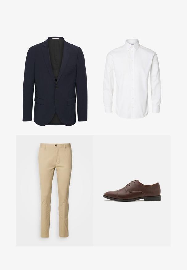 Marineblauer Blazer aus glattem Material, mit einem Reverskragen, zwei vorderen Taschen, einem Ein-Knopf-Verschluss und einem schwarzen Innenfutter.; Weißes langärmeliges Hemd mit spitzem Kragen, sichtbaren Knöpfen auf der Vorderseite und geknöpften Manschetten.; Beige Chinos mit schmaler Passform, aus Baumwolle gefertigt. Mit Knopfverschluss, Gürtelschlaufen und subtilen Nähten an den Taschen.; Braune Leder-Schnürschuhe mit einer eleganten, abgerundeten Zehenpartie, subtilen Nähten und einem niedrigen schwarzen Gummiabsatz.