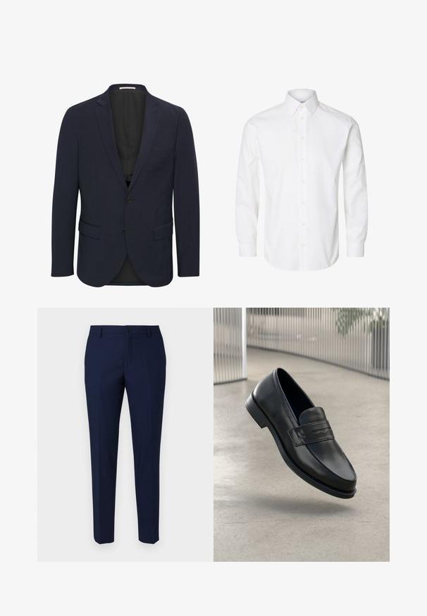 Marineblauer Blazer aus glattem Material, mit einem Reverskragen, zwei vorderen Taschen, einem Ein-Knopf-Verschluss und einem schwarzen Innenfutter.; Weißes langärmeliges Hemd mit spitzem Kragen, sichtbaren Knöpfen auf der Vorderseite und geknöpften Manschetten.; Marineblaue, maßgeschneiderte Hose aus glattem Stoff, mit Knopfverschluss, flachem Vorderteil und schmal zulaufenden Beinen für eine moderne Passform.; Schwarzer Lederloafer mit glatter Textur, spitzer Zehe und einem dekorativen Riemen über dem Rist. Leichte Sohle, minimalistisches Design.