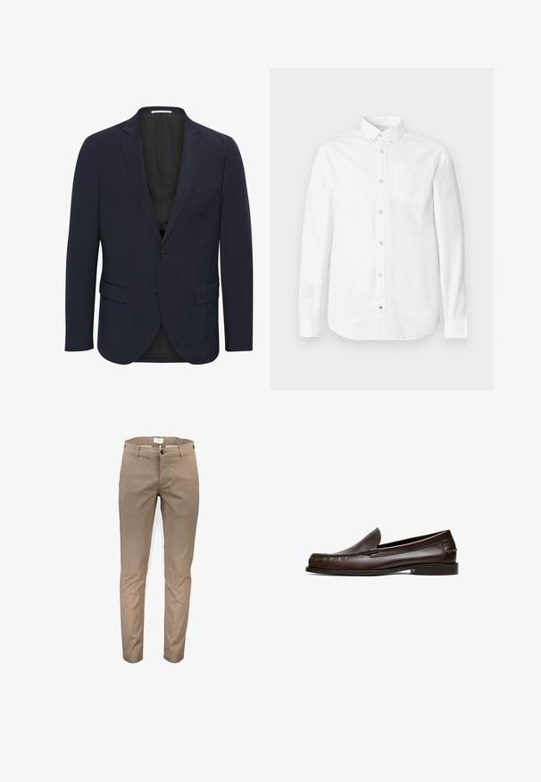 Marineblauer Blazer aus glattem Material, mit einem Reverskragen, zwei vorderen Taschen, einem Ein-Knopf-Verschluss und einem schwarzen Innenfutter.; Weißes Langarmhemd aus Baumwolle. Verfügt über einen Button-Down-Kragen, eine Brusttasche und eine dezente Textur. Gerade Saumlinie mit Knopfverschlüssen.; Khaki-Chinos mit slim Fit-Design, Reißverschluss, Knopfverschluss, Gürtelschlaufen und Seitentaschen; glattes Baumwollmaterial und minimale Faltenbildung.; Dunkelbrauner Leder-Slipper mit niedrigem Absatz, abgerundeter Spitze und gesteppten Details vorne und an den Seiten.