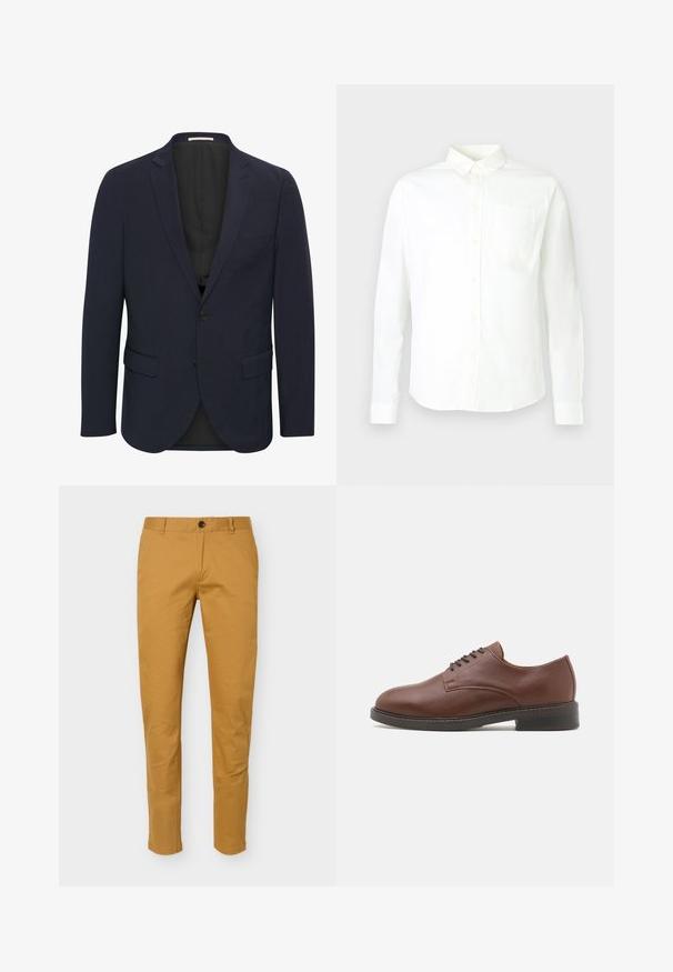 Marineblauer Blazer aus glattem Material, mit einem Reverskragen, zwei vorderen Taschen, einem Ein-Knopf-Verschluss und einem schwarzen Innenfutter.; Weißes langärmeliges Hemd aus Baumwolle mit Knöpfen, ausgestattet mit einem spitzen Kragen und einer einzelnen Tasche auf der linken Brustseite. Glatte Textur.; Schmal geschnittene Herren-Chinos in Senfgelb mit Gürtelschlaufen, vorderem Knopf und Reißverschluss, vor schlichtem Hintergrund präsentiert.; Braune Leder-Dressschuhe mit abgerundeter Zehenpartie, Schnürdesign und einer soliden schwarzen Gummisohle. Glatte Textur mit einem subtilen Glanz.