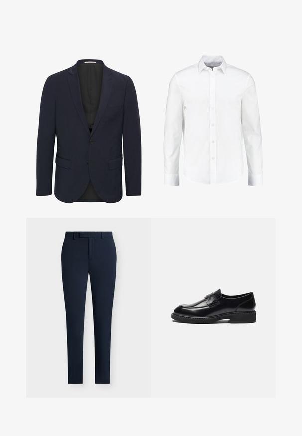 Marineblauer Blazer aus glattem Material, mit einem Reverskragen, zwei vorderen Taschen, einem Ein-Knopf-Verschluss und einem schwarzen Innenfutter.; Weißes langärmliges Hemd mit Knöpfen aus glattem Baumwollstoff. Verfügt über einen klassischen Kragen und eine durchgehende Knopfleiste mit geradem Saum.; Navyblaue Slim-Fit-Hosen aus glattem Stoff, mit flachem Frontdesign, Gürtelschlaufen und sauberem Abschluss an den Knöcheln.; Zign by Zalando LEATHER - Business-Slipper - black
