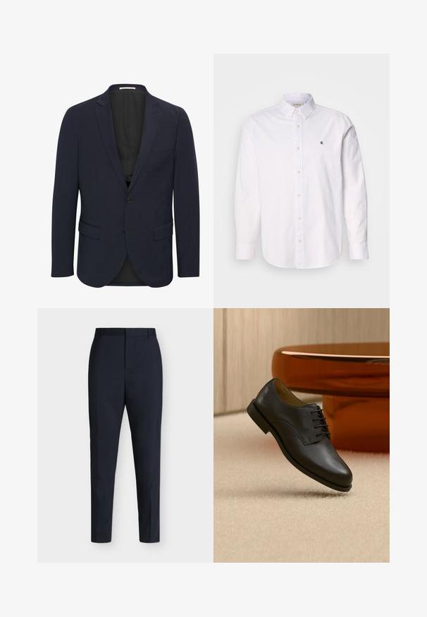 Marineblauer Blazer aus glattem Material, mit einem Reverskragen, zwei vorderen Taschen, einem Ein-Knopf-Verschluss und einem schwarzen Innenfutter.; Weißes Baumwollhemd mit klassischem Kragen, langen Ärmeln und kleinem CK-Logo auf der linken Brust. Glatte Textur.; Marineblaue, schlank geschnittene formelle Hose mit Gürtelschlaufen und verdecktem Frontverschluss, flach auf einem einfarbigen hellen Hintergrund liegend dargestellt.; Schwarzer formeller Lederschuh mit Schnürsenkeln, der auf einem beigen Teppich vor einem runden, glänzenden braunen Tisch in einem neutralen Raum liegt.
