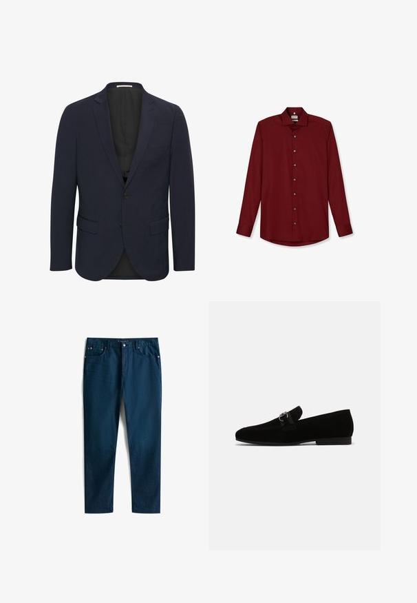 Marineblauer Blazer aus glattem Material, mit einem Reverskragen, zwei vorderen Taschen, einem Ein-Knopf-Verschluss und einem schwarzen Innenfutter.; Burgunderfarbendes Langarmhemd mit spitzem Kragen, Knopfleiste und abgerundetem Saum. Hergestellt aus glattem Stoff mit einem dezenten Glanz.; Dunkelblaue gerade geschnittene Jeans mit Fronttaschen, Gürtelschlaufen, Knopfverschluss und kleinen roten, weißen und blauen Flaggenakzenten an den Taschenrändern.; Schwarze Wildleder Slipper mit einem niedrigen Absatz, ausgestattet mit einem Stoffriemen und einer dekorativen silbernen Schnalle. Weiche Textur, spitz zulaufendes Design.