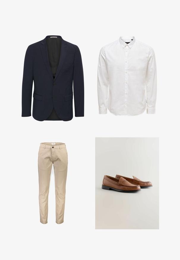 Navyblauwe blazer van soepele stof, met een reverskraag, twee voorzakken, enkele knoopsluiting en een zwarte voering.; Witte lange mouw knopsluiting shirt met een kraag, met een gladde textuur en zes knopen aan de voorkant. Getailleerde pasvorm met manchet mouwen.; Beige katoenen broek met een rechte pijp, voorzien van voorzakken, een ritssluiting en een enkele knoopsluiting. Gladde textuur, zonder patronen.; Bruine leren loafers met een ronde neus, voorzien van gestikte details en een lichte hak. Zwarte rubberen buitenzool zorgt voor grip en duurzaamheid.
