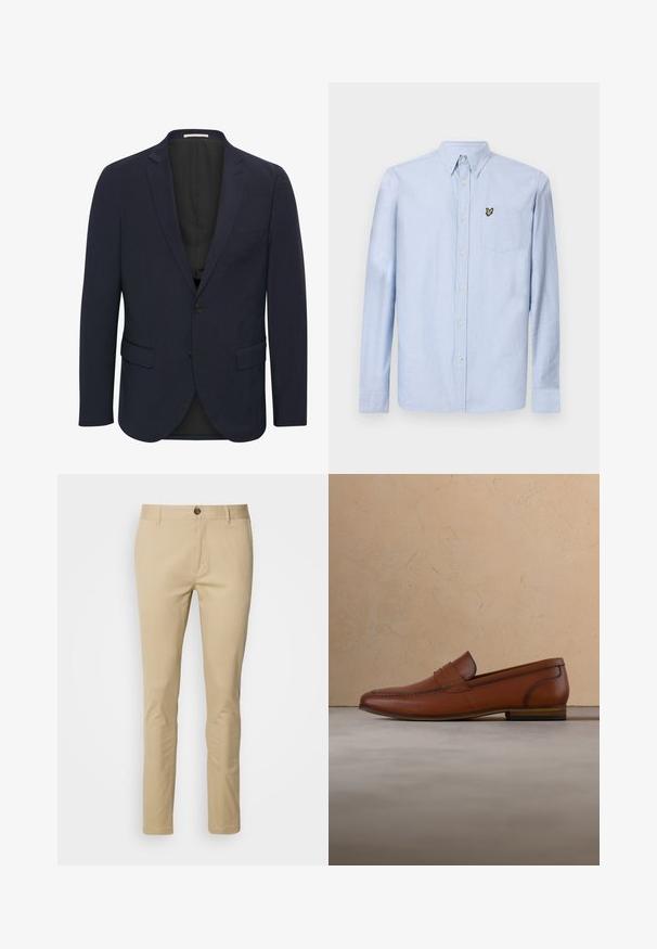 Marineblauer Blazer aus glattem Material, mit einem Reverskragen, zwei vorderen Taschen, einem Ein-Knopf-Verschluss und einem schwarzen Innenfutter.; Hellblaues Langarmhemd mit Button-Down-Kragen, Brusttasche und gesticktem Logo. Hergestellt aus strukturiertem Baumwollstoff.; Beige Chinos mit schmaler Passform, aus Baumwolle gefertigt. Mit Knopfverschluss, Gürtelschlaufen und subtilen Nähten an den Taschen.; Brauner Leder-Slipper schwebt über einem beigen Teppich mit einem unscharfen hellbraunen Sofa im Hintergrund.