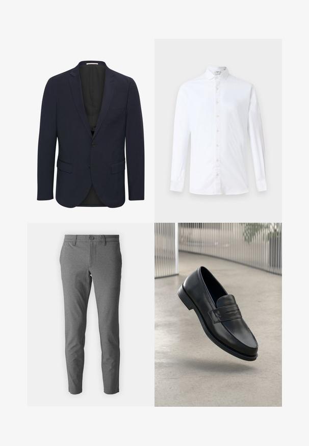 Marineblauer Blazer aus glattem Material, mit einem Reverskragen, zwei vorderen Taschen, einem Ein-Knopf-Verschluss und einem schwarzen Innenfutter.; Weißes Langarm-Hemd mit Knöpfen aus Baumwolle, klassischem Kragen, geradem Schnitt und glatter Textur mit passenden Knöpfen.; Graue Hose aus einem glatten, strukturierten Stoff. Verfügt über ein tailliertes Design mit einem Knopfverschluss und vorderen Taschen.; Schwarzer Lederloafer mit glatter Textur, spitzer Zehe und einem dekorativen Riemen über dem Rist. Leichte Sohle, minimalistisches Design.