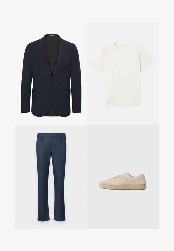 Marineblauer Blazer aus glattem Material, mit einem Reverskragen, zwei vorderen Taschen, einem Ein-Knopf-Verschluss und einem schwarzen Innenfutter.; Kurzärmliges T-Shirt mit Rundhalsausschnitt in hellbeige, aus weicher Baumwolle mit lockerem Schnitt und ohne sichtbare Muster oder Akzente.; Navyblaue Jeanshose mit geradem Bein, im Fünf-Taschen-Stil und mit vorderem Knopfverschluss. Glatte Textur mit minimalen Nähten.; Beige Wildlederschuh mit einer runden Zehenform, flachen Schnürsenkeln und einer strukturierten Gummisohle. Minimalistisches Design mit glatten Kanten und dezenten Nähten.