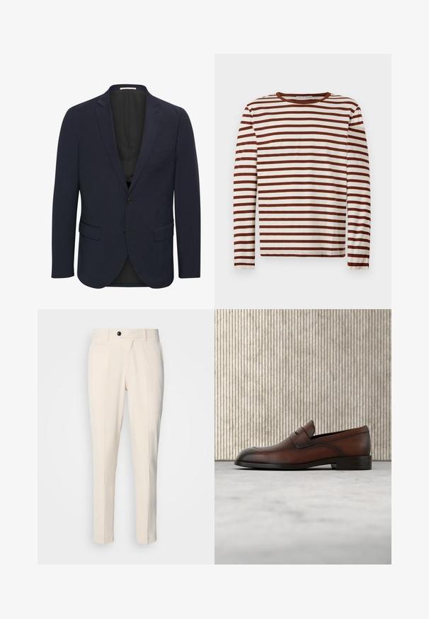 Marineblauer Blazer aus glattem Material, mit einem Reverskragen, zwei vorderen Taschen, einem Ein-Knopf-Verschluss und einem schwarzen Innenfutter.; Langärmliges Rundhalshemd mit horizontalen braunen und weißen Streifen, aus weichem Material, flach auf einem hellen Hintergrund ausgelegt.; Beige maßgeschneiderte Hosen mit flacher Vorderseite, Ein-Knopf-Verschluss und zwei schrägen Seitentaschen. Glattes Material mit schmaler Passform und spitz zulaufendem Bein.; Brauner Ledermokassin für Herren mit perforiertem Vorderteil und Riemendetail, auf einem beigen Teppich platziert, im Hintergrund ein runder glänzender brauner Tisch.