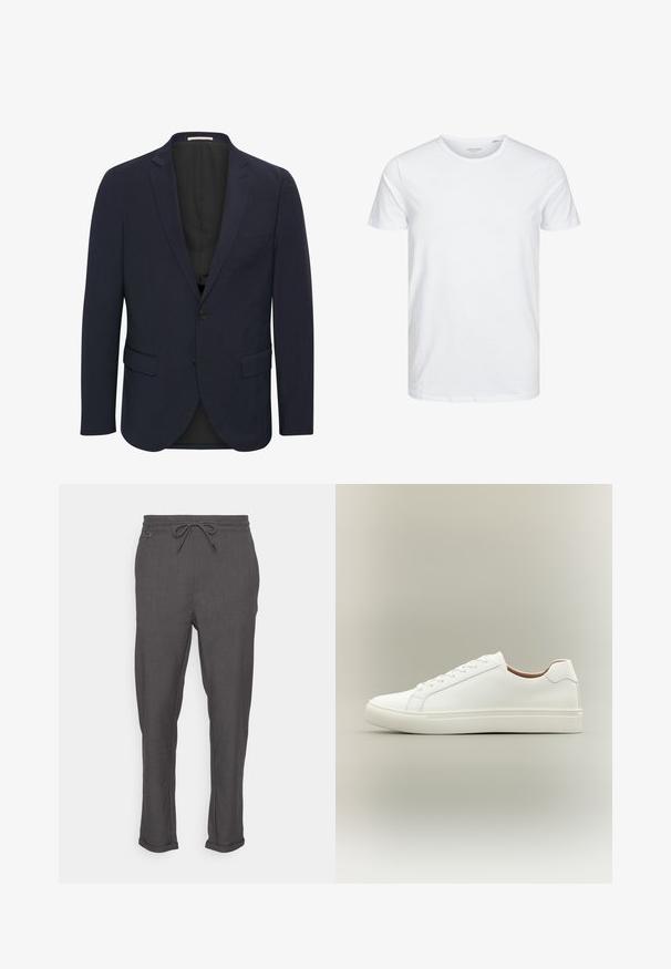 Navyblauwe blazer van soepele stof, met een reverskraag, twee voorzakken, enkele knoopsluiting en een zwarte voering.; Ronde hals kortemouwen t-shirt in effen wit, gemaakt van zachte katoen, heeft een eenvoudig ontwerp zonder zichtbare patronen of accenten.; Only & Sons ONSLINUS TAP PANT - Broek - medium grey melange; Witte lage sneaker met vetersluiting en platte zool, zijwaarts weergegeven op een neutrale achtergrond.