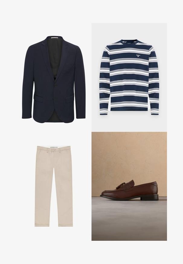 Navyblauwe blazer van soepele stof, met een reverskraag, twee voorzakken, enkele knoopsluiting en een zwarte voering.; Marineblauw shirt met lange mouwen, horizontale witte strepen, ronde halslijn, geribbelde manchetten en een klein geborduurd logo op de borst.; Beige chino's gemaakt van een katoenmengsel, met een recht model, steekzakken aan de voorkant en een knoopsluiting in de taille.; Bruine leren instapper met kwastjes zwevend boven een gestructureerd beige tapijt, met op de achtergrond een ronde houten tafel en gestapelde boeken.