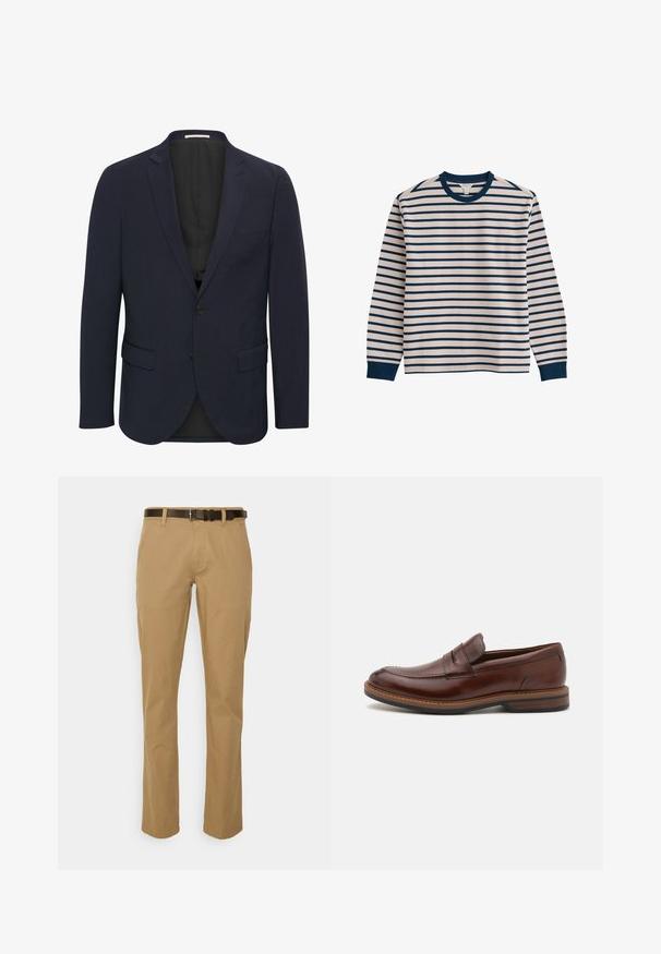 Marineblauer Blazer aus glattem Material, mit einem Reverskragen, zwei vorderen Taschen, einem Ein-Knopf-Verschluss und einem schwarzen Innenfutter.; Langärmeliges Hemd mit weißen und marineblauen horizontalen Streifen, marineblauem Rundhalsausschnitt und marineblauen Bündchen vor weißem Hintergrund.; Beige Baumwollmischungshosen mit geradem Bein und einem dunkelbraunen Gürtel. Mit Fronttaschen und einem sauberen Saumabschluss.; Braune Lederloafers mit einer glatten Oberfläche, die über ein gesticktes Design, einen Slipper-Stil und eine strukturierte Gummisohle für besseren Halt verfügen.